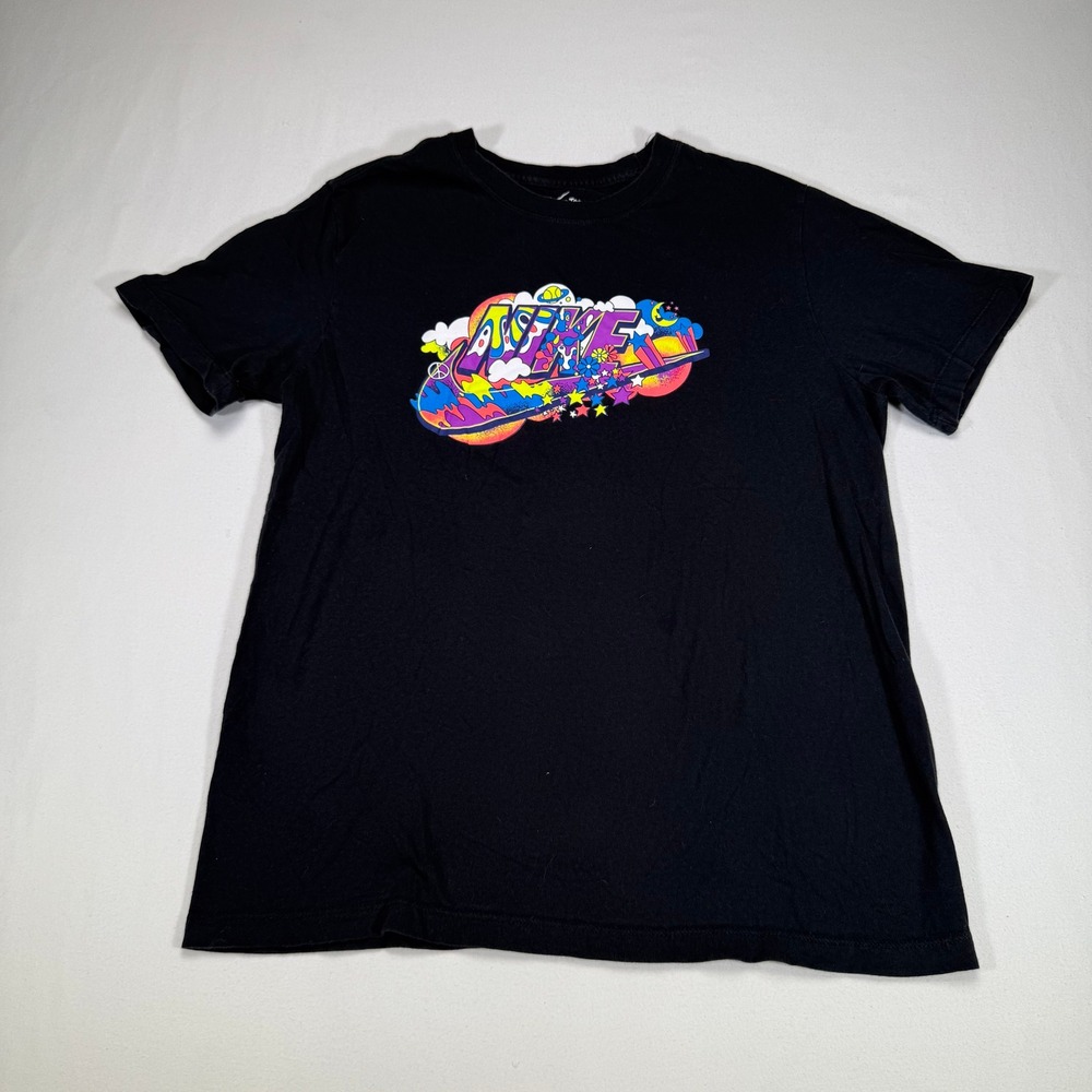 Nike The Nike Tee Black Graphic T-Shirt Colorful Peace Hippie Stars Mens M